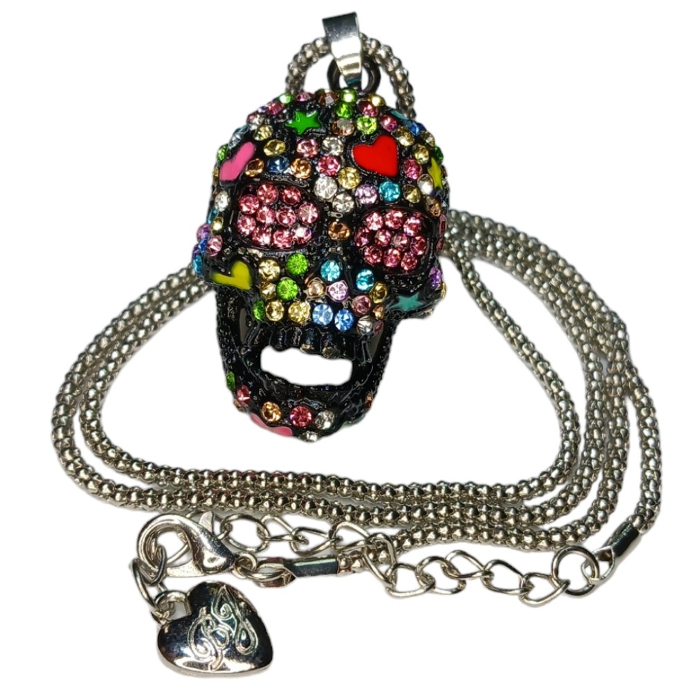 Black Sugar Skull Pendant BJ Necklace with Colorful Rhinestone Crystals